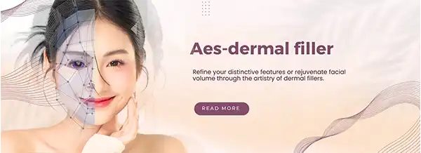 Procedure 2, Aes-dermal filler. There is a scan on half of a smiling woman's face with the text 'Refine your distinctive features or rejuvenate facial volume through the artistry of dermal fillers' written next to her. Click to read more.