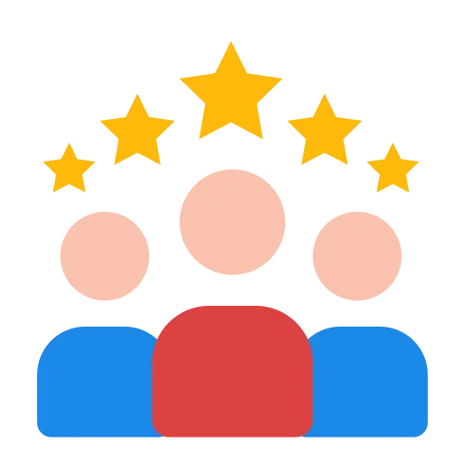 A vector icon of three faceless people and 5 stars above their head.
